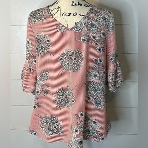LODYS RED STRIPED/FLORAL BLOUSE SZ L